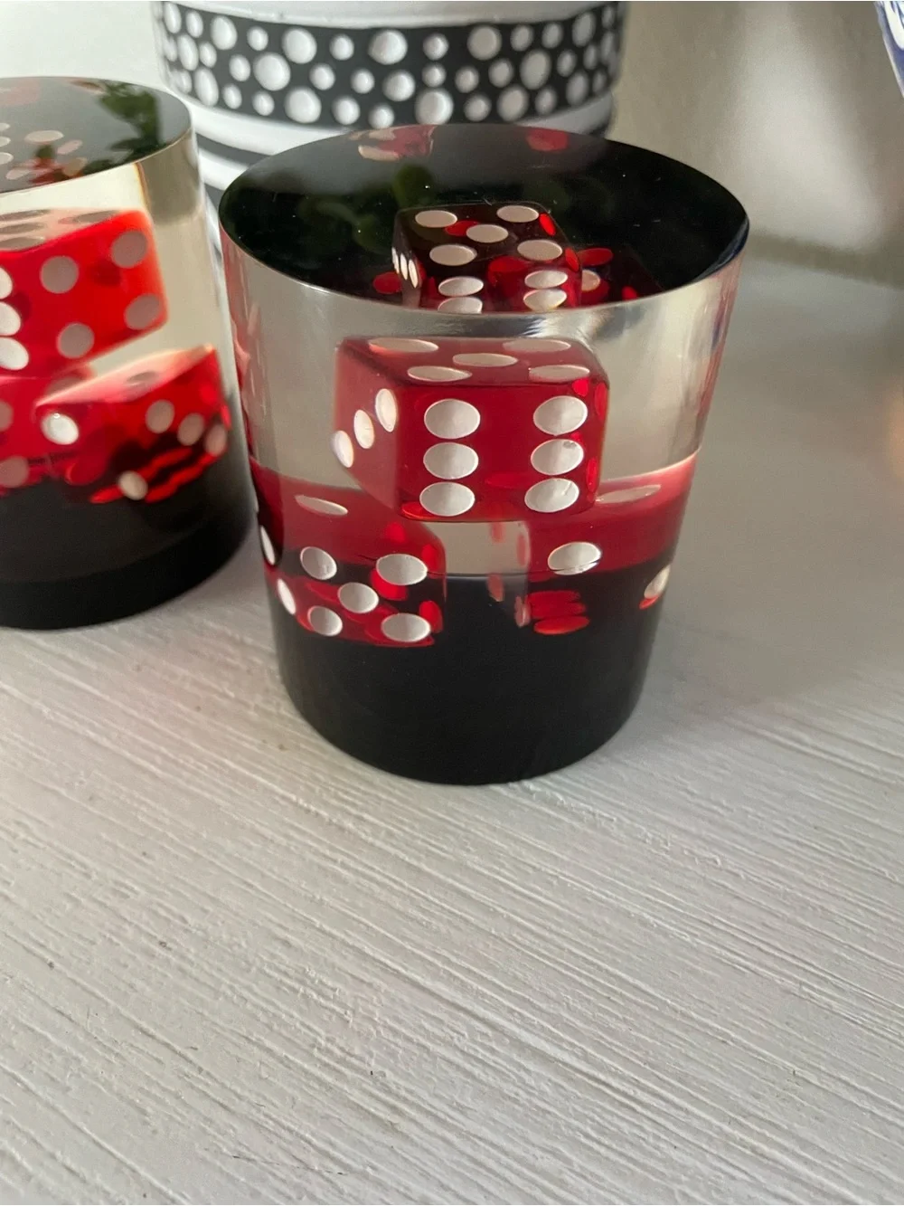 Vintage red and black casino dice Lucite/acrylic cylinder paperweight  set of 2
